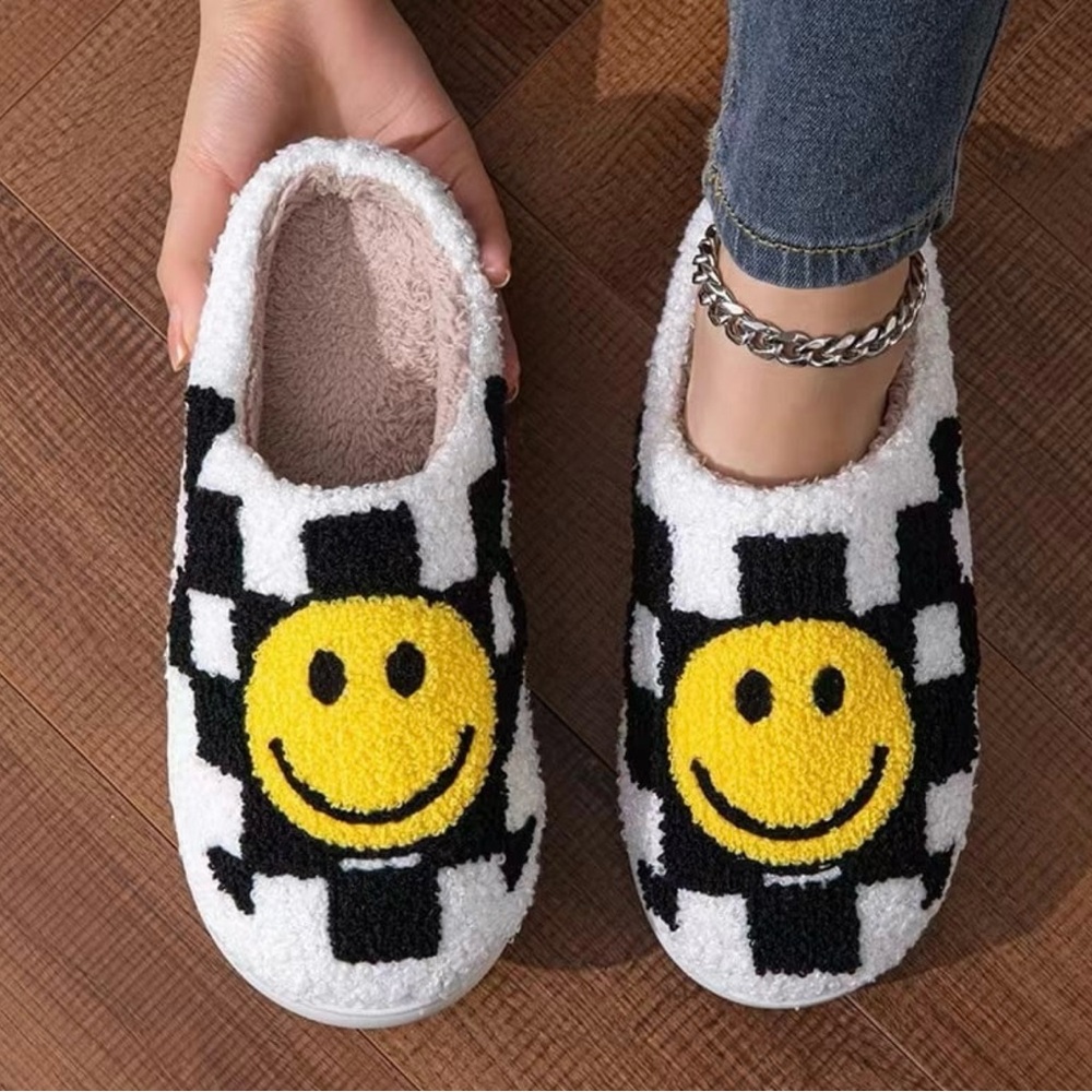 Black and White Plaid Yellow Smiley Slippers - Picture 1 of 5